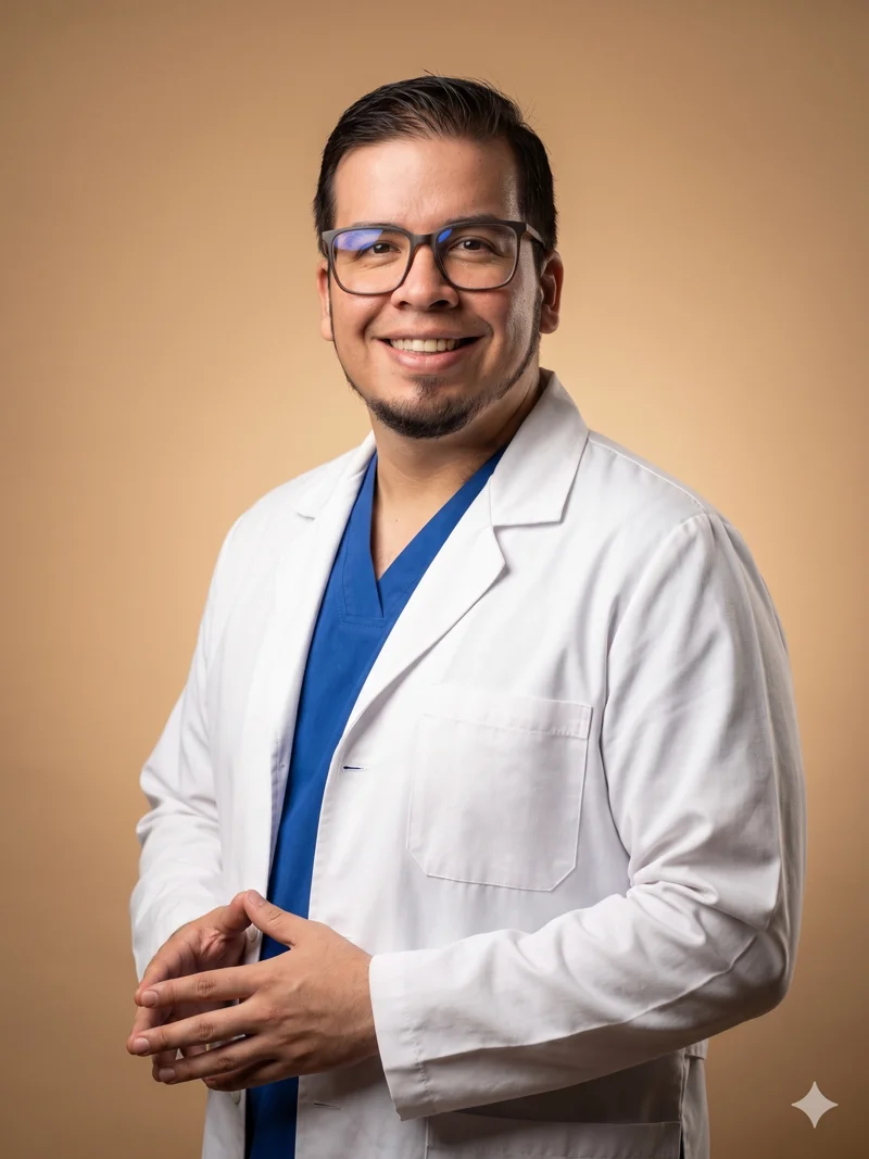 Dr. Felipe Garzón Farah, médico sexólogo clínico, con bata blanca, expresión cálida y profesional