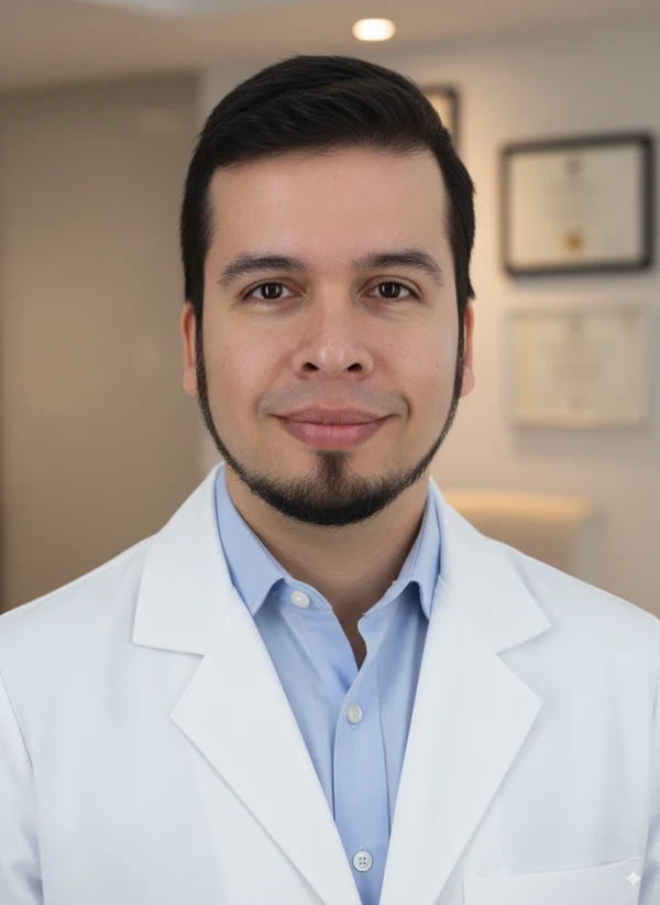 Dr. Felipe Garzón Farah, médico sexólogo, con bata blanca y diploma visible al fondo